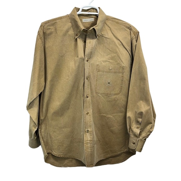 Bugle Boy Other - Vintage Bugle Boy Company Mens Tan‎ Washed Camp Logo Button Up Shirt Large